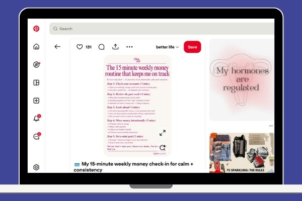 A mockup of a laptop screen on a blue background displaying a Pinterest pin from The Glow Clubb detailing a "15 minute weekly money routine.