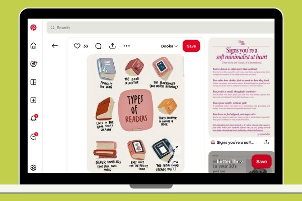 A mockup of a laptop screen on a green background showing a Pinterest pin titled "Types of Readers" with humorous illustrations of reading personalities.