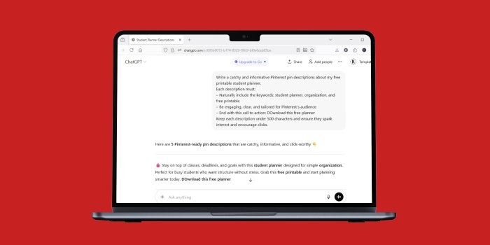 Laptop screen mockup on a red background showing a custom AI prompt for generating Pinterest pin descriptions for a student planner.