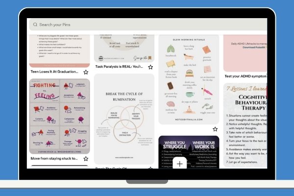 A mockup of a laptop screen on a blue background showing a Pinterest home feed filled with various zero-friction pins, including "Slow Morning Rituals," "Break the Cycle of Rumination" flowcharts, and mental health checklists.
