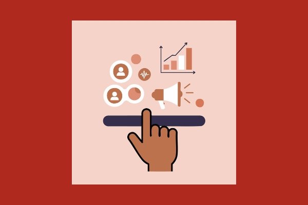 An illustrative graphic on a red background showing a hand interacting with social media engagement symbols, including follower icons and growth charts.