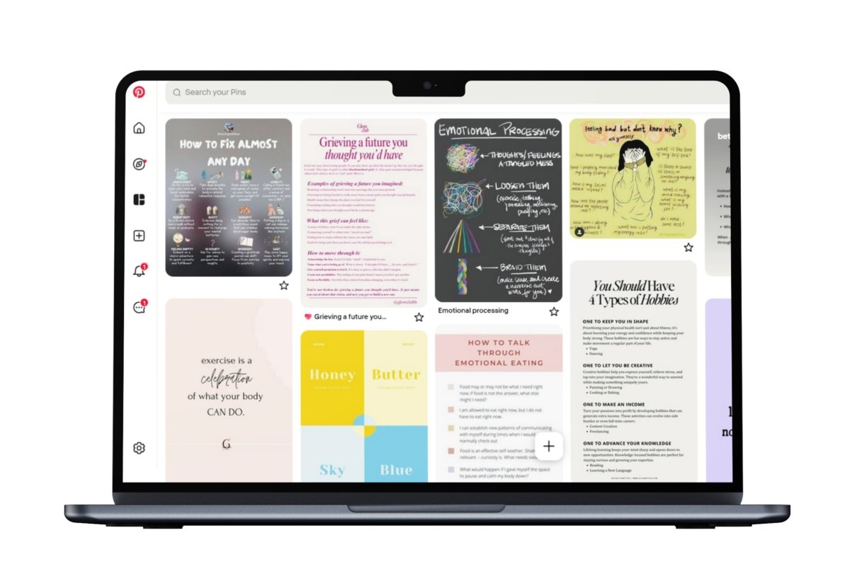 A laptop mockup showing a Pinterest search feed filled with zero-friction pins covering topics like "Emotional Processing," "Grieving a future you thought you'd have," and "How to Fix Almost Any Day."