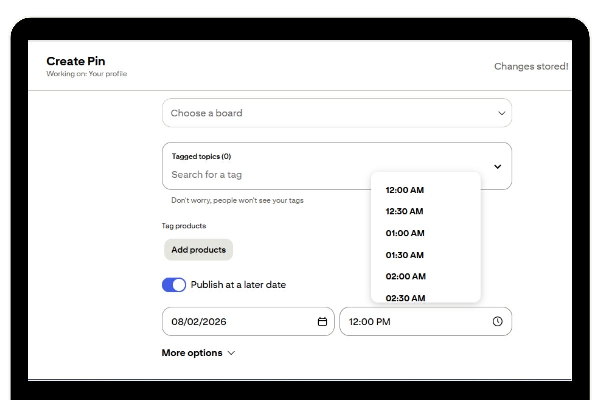 A screenshot of the Pinterest scheduling page showing times and tags
