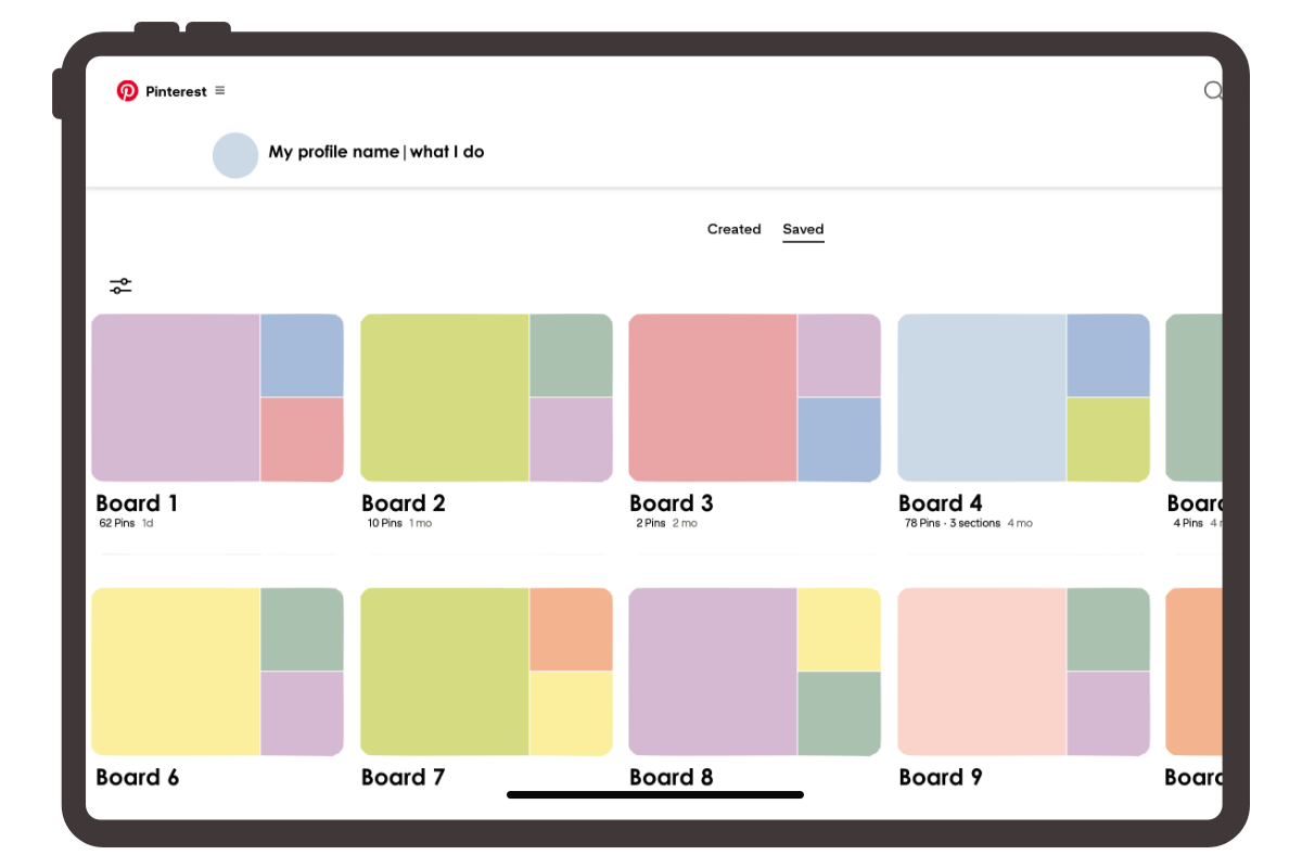A screenshot of a Pinterest profile interface showing a grid of various boards.