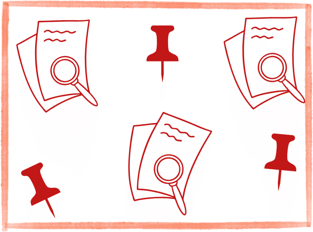A pattern of pins and graphics of papers and a magnifying glass