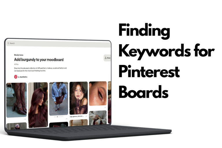 Laptop displaying a Pinterest board next to the title “Finding Keywords for Pinterest Boards.”