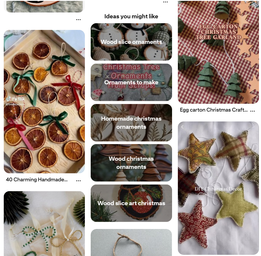 Pinterest home feed showing a pin surrounded by related pins, with an 'Ideas you might like' module in the center listing board title suggestions: Wood slice ornaments, Ornaments to make, Homemade christmas ornaments, Wood christmas ornaments, and Wood slice art christmas.