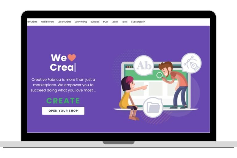Illustration of a laptop displaying Creative Fabrica’s purple “We Love Creating” promotional banner, featuring two cartoon designers working on a computer screen, creative design icons, and an “OPEN YOUR SHOP” button.