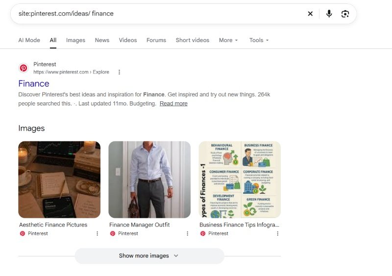Google search result for Pinterest’s Finance Ideas page, showing the page description, search volume, last updated date, and related finance images.