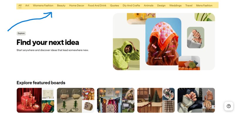 Pinterest Explore page showing interest categories, featured boards, and popular ideas.