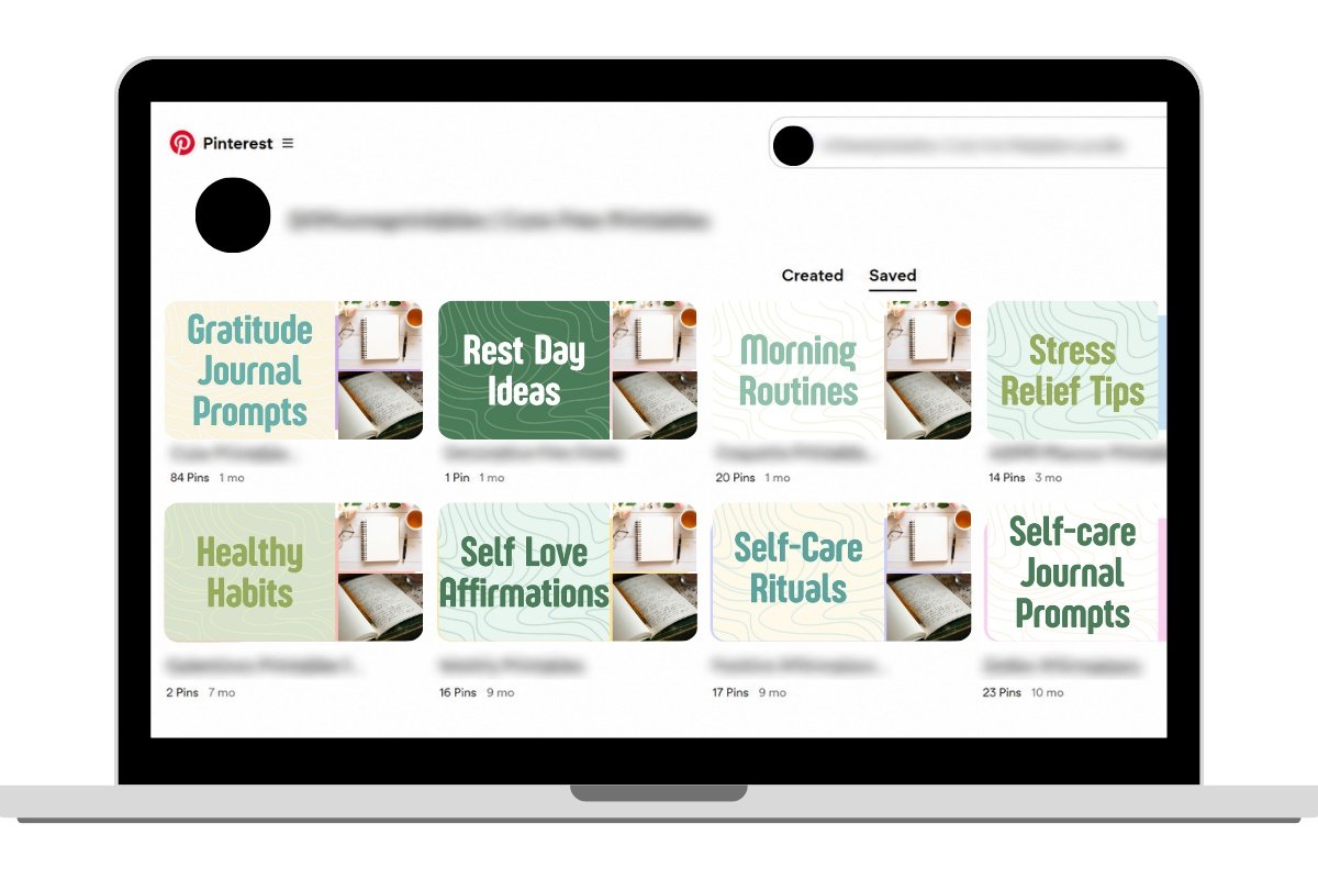 Pinterest profile page displayed on a laptop, showing eight coordinated board covers for journaling, self-care, healthy habits, and wellness routines.