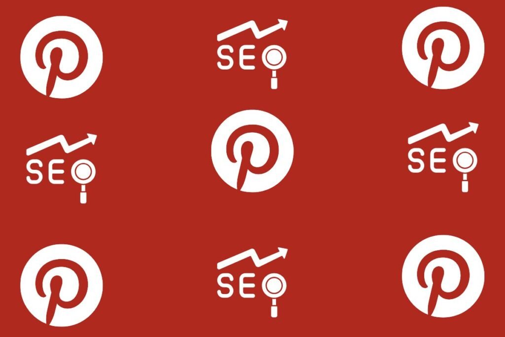 Seamless red pattern featuring repeating white Pinterest logos and SEO icons with upward-trending arrows.