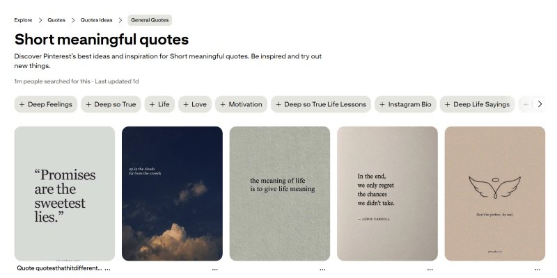 Pinterest Ideas page for short meaningful quotes, featuring inspirational sayings about life, love, motivation, and personal growth.