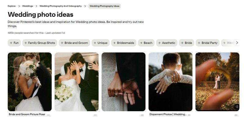 Pinterest Ideas page for wedding photo ideas, featuring romantic couple poses, bridal portraits, ring shots, and creative wedding photography inspiration.