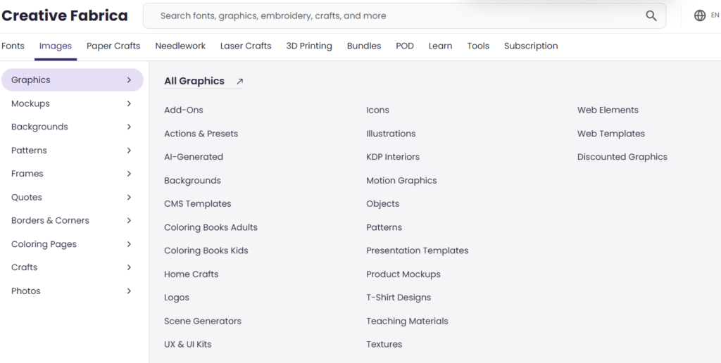 Screenshot of the Creative Fabrica website with the Images tab selected and the Graphics category menu open, displaying subcategories such as Patterns, Backgrounds, Illustrations, Icons, Product Mockups, Logos, and Web Templates.