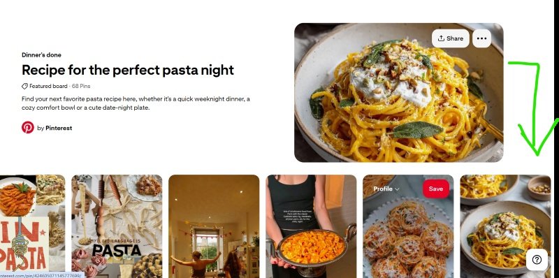 Pinterest featured board page for “Recipe for the Perfect Pasta Night,” showing a pasta dish, board description, and related pasta recipe pins.