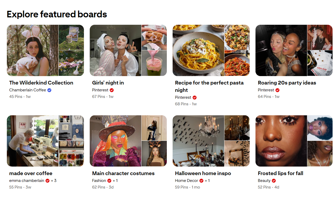 Screenshot of Pinterest’s featured boards, including fashion, beauty, food, Halloween decor, sewing, and party inspiration.
