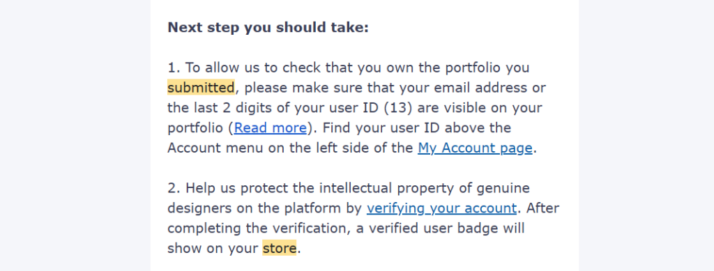 Screenshot of Creative Fabrica’s store verification instructions, asking applicants to display their email address or the last two digits of their user ID on their portfolio to confirm ownership, and verify their account to receive a verified user badge on their store.